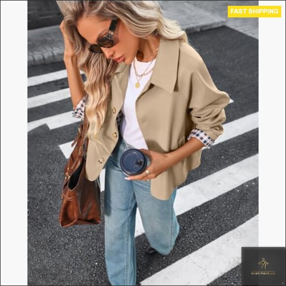 Cropped Trench Coat Lightweight Loose Fit Single Breasted Jacket - Picture 5 of 7